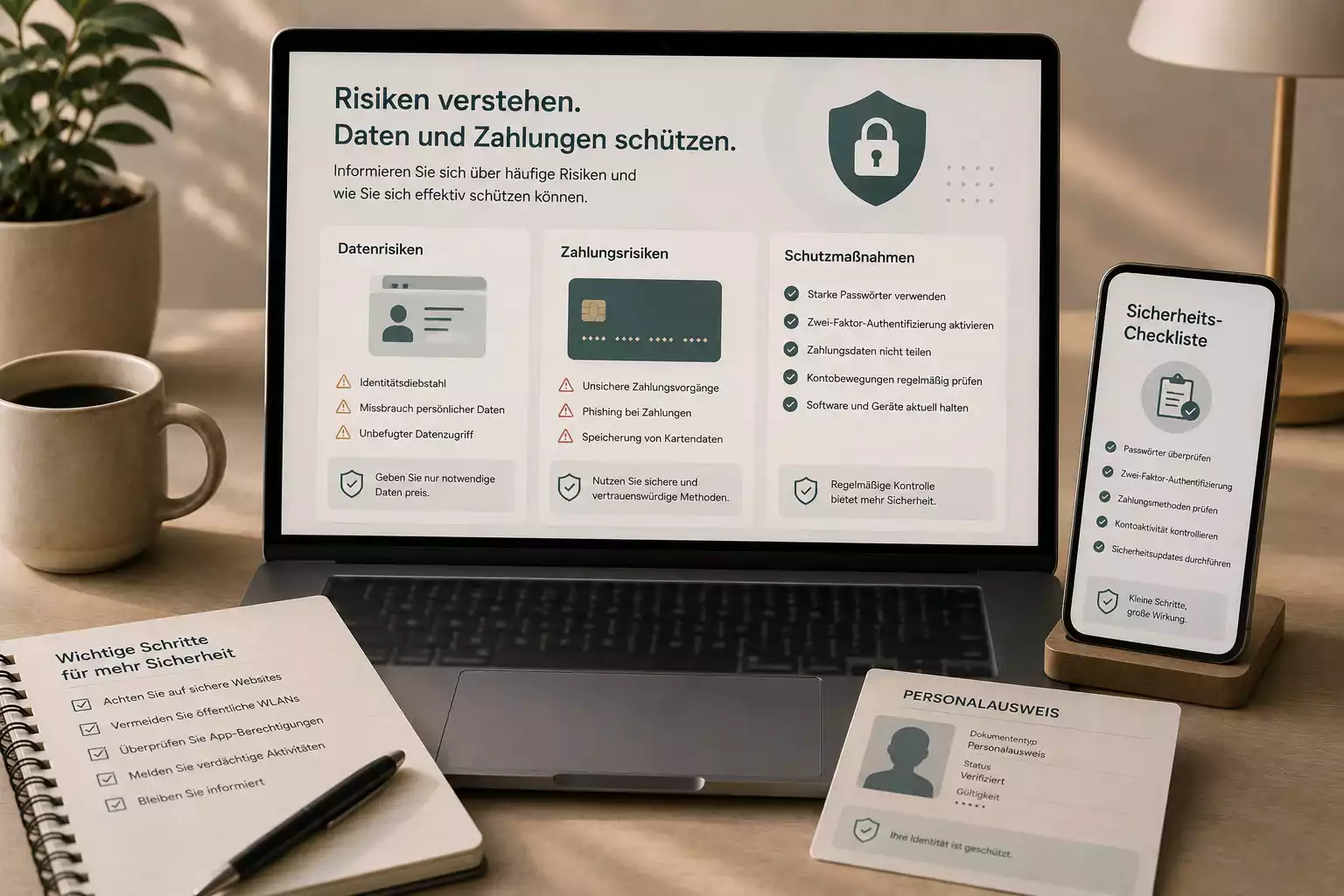 Illustration mit Ausweis, Zahlungskarte, Schloss und Warnsymbolen für Daten- und Zahlungsrisiken