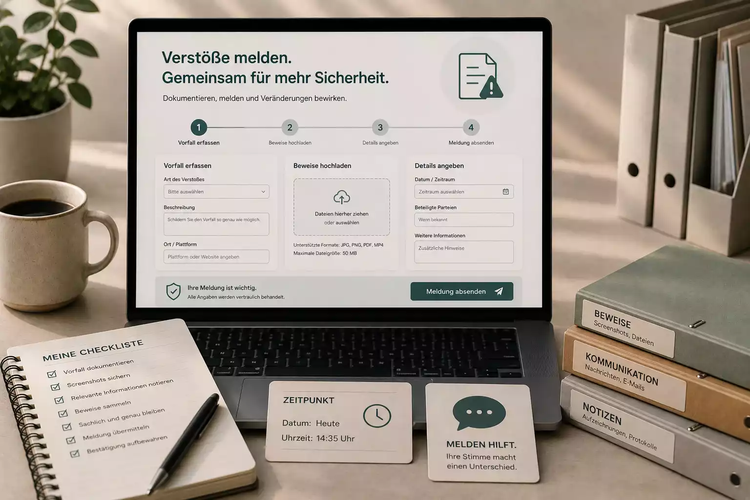 Laptop mit sachlicher Dokumentation, Notizzettel und Umschlag als Symbol für eine Meldung
