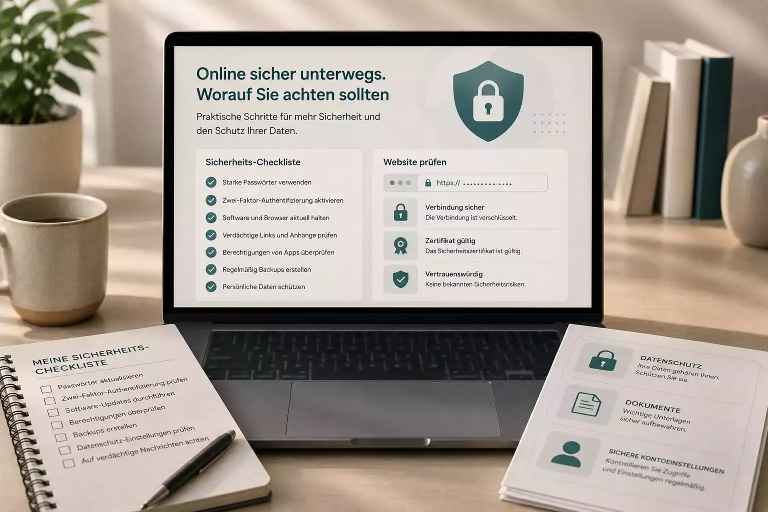 Ruhige Schreibtischszene mit Prüfliste, Dokument und Schutzsymbol für die Erlaubnisprüfung
